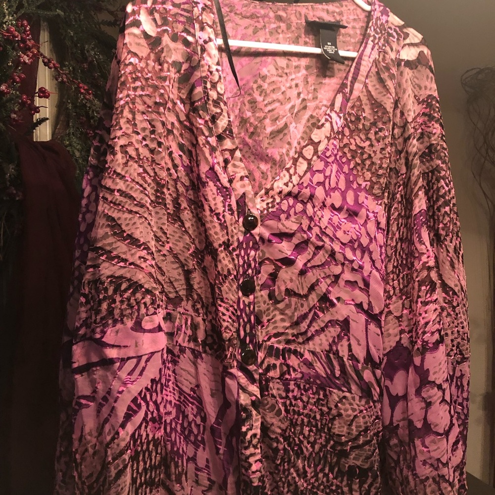 Sheer purple animal print 5X Maggie Barnes for Catherine’s shirt.